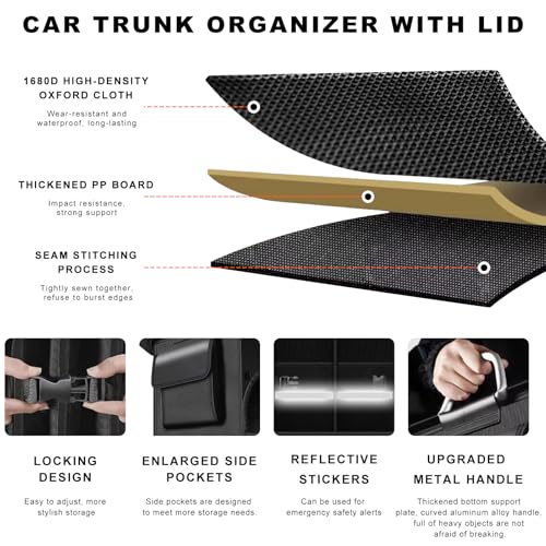 Car Trunk Organizer, 52L Collapsible Car Storage Waterproof Trunk Organizer with Lid & Handle, Multi Compartment Oxford Cargo Groceries Storage for Trucks SUVs Sedans