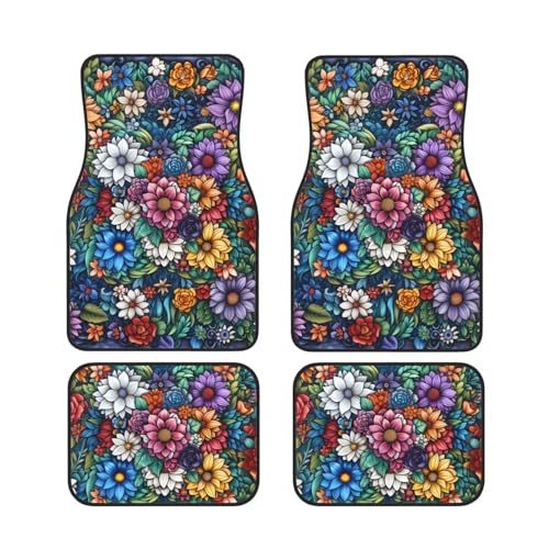 Boho Flower Car Floor Mats for Front & Rear Abstract Boehmian Mandala Floral Anti-Slip Car Carpets Cushion Automoetive Accessories, 4 pcs Heavy Duty Car Mats Cushion Automotive Accessories - color: Boho Flower