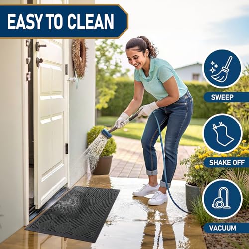 Smiry Front Door Mat Outside Entrance, Heavy Duty Outdoor Indoor Natural Rubber Doormat, Non Slip, Trap Dirt and Moisture, Easy Clean, Low Profile Patio Porch Entryway Mat, 47x32, Black