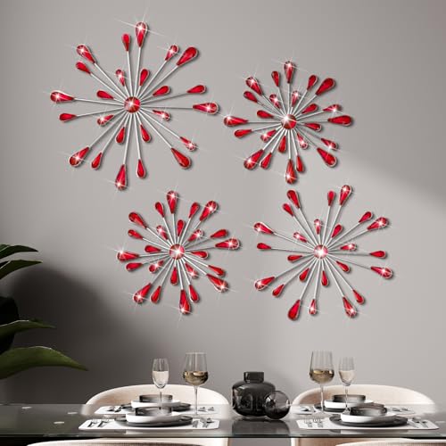 Hicarer 4 Pcs Starburst Wall Decor Bling Wall Art Crystal Teardrop 3D Hanging Rhinestone Radial Metal Artwork Modern Accent Sculptures Decorations for Living Room Home Office Bedroom (Red) - color: Red