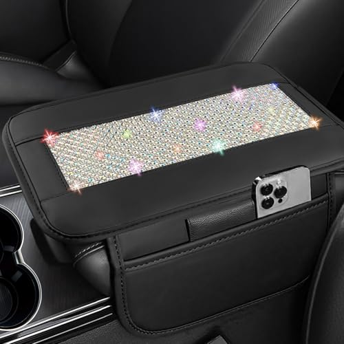 NBTEPEM Bling Car Armrest Cover, Universal Microfiber Leather Center Console Cover with 2 Pockets, Rhinestone Car Armrest Cushion Protector, Bling Accessories Interior (Multicolor Diamond) - color: Multicolor Diamond