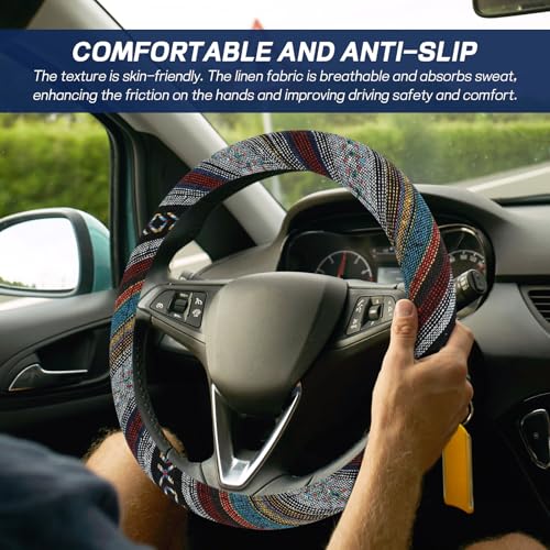 Boho Car Steering Wheel Cover, Ethnic Style Steering Wheel Covers Protector, Bohemian Anti-Slip Breathable Linen Auto Wheels Cover Fits 15 Inch, Universal Interior Car Accessories (Style D) - color: Style D