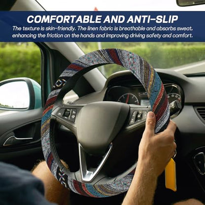 Boho Car Steering Wheel Cover, Ethnic Style Steering Wheel Covers Protector, Bohemian Anti-Slip Breathable Linen Auto Wheels Cover Fits 15 Inch, Universal Interior Car Accessories (Style D) - color: Style D