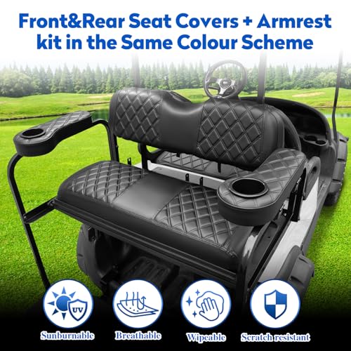 Golf Cart Seat Covers for Club Car Precedent, Vinyl Front&Rear Seat Cover with Flip-Up Armrests kit, with Cup Holder, for 1" Square Tube (Black&Black Stitching)