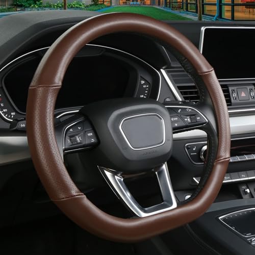 D Shaped Steering Wheel Cover, Genuine Leather Flat Bottom Stearing Wheel Cover Luxury Car Accessories 14 1/2-15 inch (Brown)