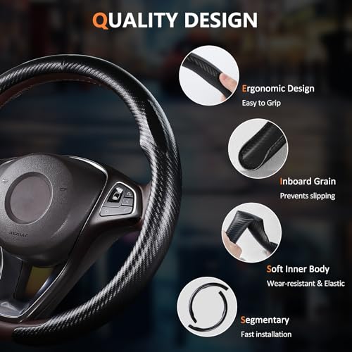 Aimato Carbon Fiber Steering Wheel Cover 2 Piece Non-Slip Clip on Steering Wheel Cover,Ultra-Thin Breathable,Universal Fit 14.5"-15" Wheel,Matte Black