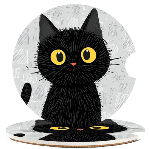 Car Cup Holder Coaster Set of 2, 2.56 in Ceramic Coasters, Scratch-Resistant Cork Backing, Finger Groove Design for Easy Placement, Cute Car Accessories Interior for Women (Black Cat) - color: Black Cat