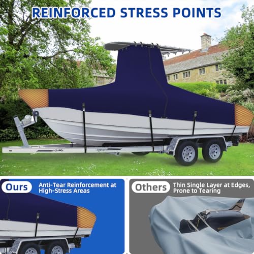 Marine Grade Waterproof Center Console Boat Cover with T Top Roof, Tear Resistant Trailerable Storage Covers, All-Weather Protection T-Top Boat Cover 24-26 ft, Beam Width Up to 112", Navy - color: Navy, size: 24'-26' Long (Beam Width up to 112")