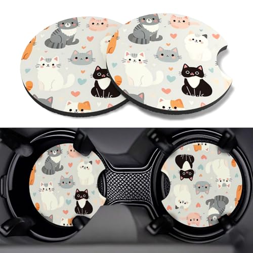 Car Cup Coasters,2 Pack Car Coaster,2.75inch Anti Slip and Absorbent Cars Coasters for Cup Holders,Neopren Accessories for Women,Cute Decor for Women (Cute Cats) - color: Cute Cats