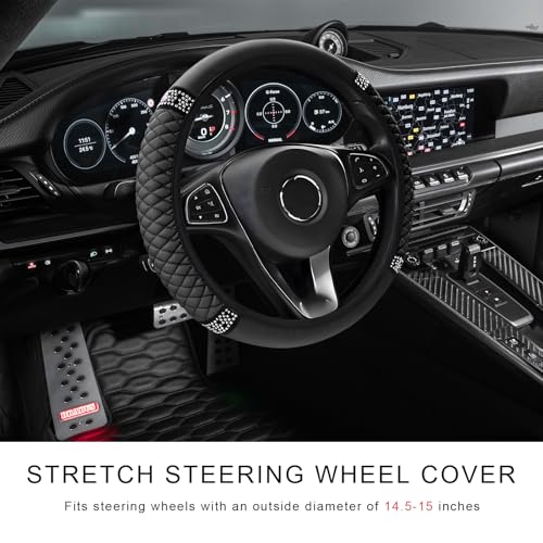 Bling Soft Leather Steering Wheel Cover, 14.5-15 Inch Sparkly Rhinestones Non-Slip Car Steering Wheel Protector, Elastic Auto Steering Wheel Cover Interior for Women Girls (Black)