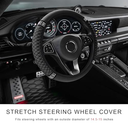 Bling Soft Leather Steering Wheel Cover, 14.5-15 Inch Sparkly Rhinestones Non-Slip Car Steering Wheel Protector, Elastic Auto Steering Wheel Cover Interior for Women Girls (Black)