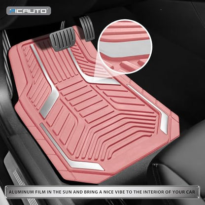 PIC AUTO Heavy Duty Pink Rubber Floor Mats, Silver Aluminum Film Car Mats Set, Front and Rear Car Mats with Anti-Slip Backing, All Weather Protection, Trim-to-Fit for Automotive SUV, Sedan, Van - color: All Pink