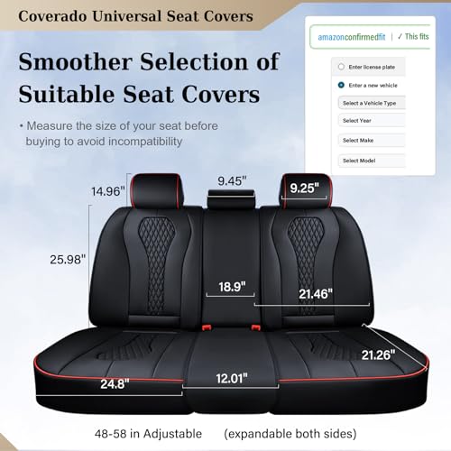 Coverado Car Seat Covers, Rear Car Protectors, Black Leather Seat Covers, 3-Piece Waterproof Automotive Seat Covers for Back Seats Universal Fit for SUVs & Cars, All-Weather Protection - color: Black&Red line