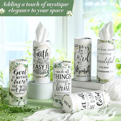 Outus 12 Pcs Greenery Christian Car Tissues Cylinder Holder with 3 Ply Facial Tissue Bulk Eucalyptus Leaves Religious Tissue Holder Travel Tissues Boxes Container for Home Wedding Party Supplies - style: Leaf