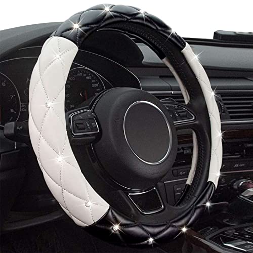 Black White Steering Wheel Cover, Anti-Slip Steering Wheel Protector with Crystal Rhinestones, Car Steering Wheel Cover for Women and Girl Fit 14.5-15 inch - color: Black+White