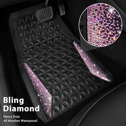 CAR PASS Bling Rubber Car Mats Diamond Floor Mats Full Set Anti-Slip 3D Rhombus Waterproof Universal Trim to Fit Liner Glitter Crystal Sparkly Shining Rhinestone Girl Women SUV Sedan Van, Black Pink - color: Pink Diamond