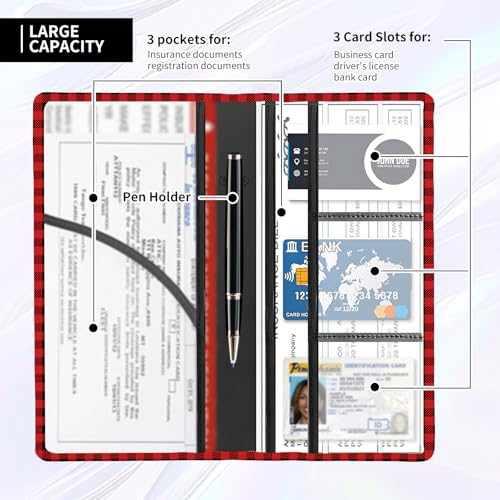 Leather Car Registration and Insurance Card Holder, Cute Car Accessories Vehicle Glove Box Car Organizer for Documents, Cards, License Luxury Black Red Plaid - color: Luxury Black Red Plaid