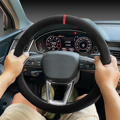 Carodi Suede Steering Wheel Cover ， Non-Slip Leather Car Interior Fitting 15-inch Universal - color: Black(red lable)