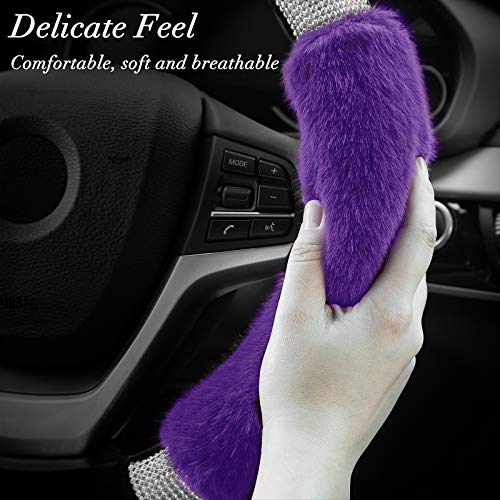 Achiou Rhinestone Fluffy Steering Wheel Cover - Comfortable Non-Slip Luxury Faux Wool, Universal Fit for 14.5" to 15" Steering Wheels - color: Black and Purple