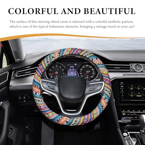 Boho Steering Wheel Cover, 15 Inch Coarse Flax Cloth Ethnic Style Anti-Slip Car Wheel Wrap, Universal Breathable Bohemian Steering Wheel Protector for Cars Vans Trucks (A) - color: A