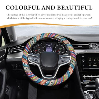Boho Steering Wheel Cover, 15 Inch Coarse Flax Cloth Ethnic Style Anti-Slip Car Wheel Wrap, Universal Breathable Bohemian Steering Wheel Protector for Cars Vans Trucks (A) - color: A