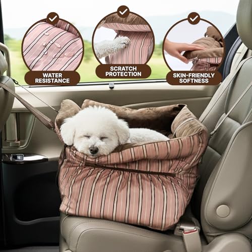 BurgeonNest Dog Car Seat for Small Dogs, Calm Blue Pet Car Bed Under 25 lbs, Soft Booster Fully Detachable and Washable Cat Carseats with Storage Pockets and Clip-On Leash Portable Travel Carrier