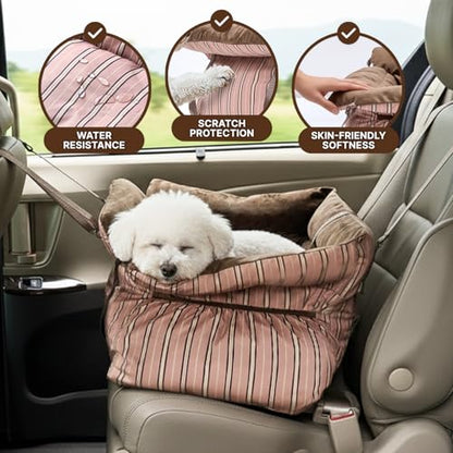 BurgeonNest Dog Car Seat for Small Dogs, Calm Blue Pet Car Bed Under 25 lbs, Soft Booster Fully Detachable and Washable Cat Carseats with Storage Pockets and Clip-On Leash Portable Travel Carrier