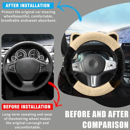 Car Steering Wheel Cover, Cute Steering Wheel Protector with Kitty Cat Ears,Fluffy Soft Plush for Winter Warm, Universal Fit 15 inches for Car,SUV, Elastic & Anti-Slip (Black/Beige) - color: Black/Beige