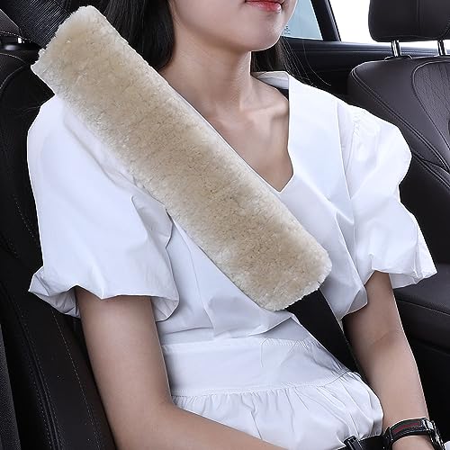 OGLAND 1 Pack 13.4inch Large Fuzzy Soft Sheepskin Seat Belt Cover, Fluffy Seatbelt Cover Pad for Pacemaker Adults Kids Women Universal Cozy Car Cushions, Pearl - color: Pearl
