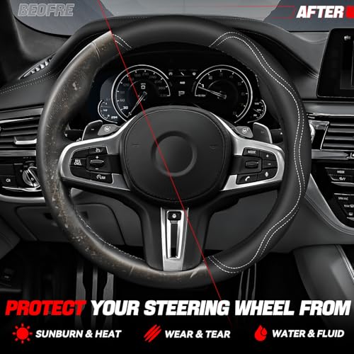 Auto Dynasty Steering Wheel Cover, Breathable Microfiber Leather Car Steering Wheel Protector with Stylish White Wavy Stitch, Anti-Slip, [14 1/2 to 15 Inches] Universal Fit Cars Trucks SUVs - color: Stitched White B