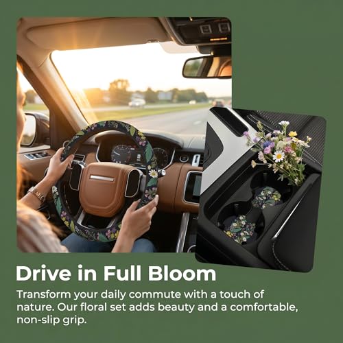 Wildflower Car Steering Wheel Cover Flowers Wildflower Steering Wheel Cover for Women Cute Anti-Slip Universal Breathable 14-15-in 2 Car Cup Coasters for Women