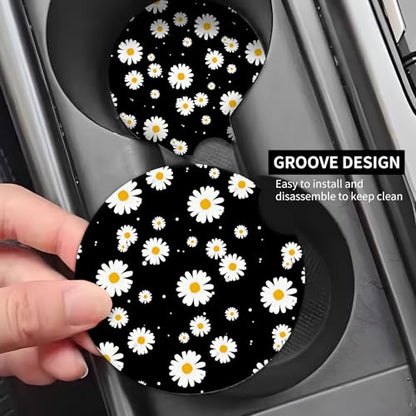 2 Pack Universal Ceramic Car Coasters，Ceramic Stone with A Finger Notch for Easy Removal of Car Cup Holder Coaster(Daisy Black) - color: Daisy Black