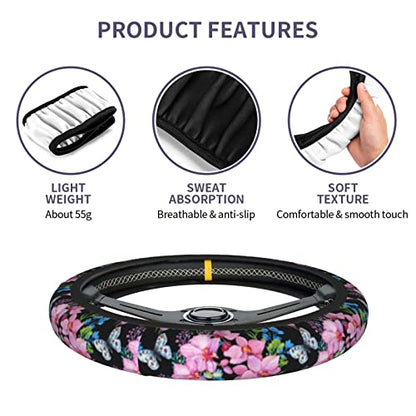Beautiful Butterfly Steering Wheel Cover for Women Men with 2 Pcs Car Coasters, Universal 14.5-15 Inch Flowers Steering Wheel Covers Non-Slip Car Accessories for Girls - color: flower
