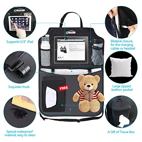 Oasser Seat Back Protector Kick Mats 12.9" I pad Holder 2 Pack XL with 1 Tissue Box Car Seat Organizer Back of Seat Protector Clear 2 Large Car Organizers and Storage