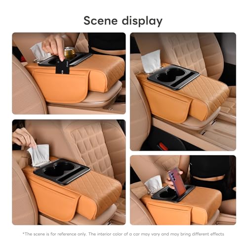 Car Armrest Pad, Universal Armrest Cushion Pad, Leather Armrest Box Pad - color: With cup holder, Orange