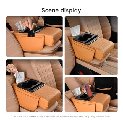 Car Armrest Pad, Universal Armrest Cushion Pad, Leather Armrest Box Pad - color: With cup holder, Orange