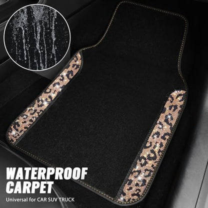 CAR PASS Bling Diamond Car Floor Mats, Shining Rhinestone Carpet Sparkly Glitter Crystal with Anti-Slip PVC Heel Pad Waterproof Universal Fit Automotive SUV,Sedan,Van,Cute Girl Women,4pcs Gold Leopard - color: Gold Leopard