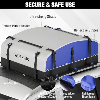WORKPRO 21 Cubic Feet Rooftop Cargo Carrier Roof Bag, Waterproof Roof Rack Cargo Carrier for Vehicles with/Without Rack, Heavy Duty 840D PVC, Includes Anti-Slip Mat, 6 Door Hooks and Storage Bag