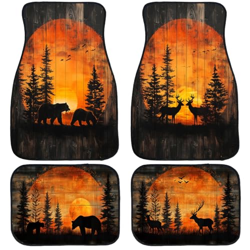 Bear Car Floor Mats Set of 4 Sunset Forest Pine Tree Wildlife Rustic Deer Automotive Foot Mats Rugs Carpet for Car Non-Slip Auto Car Accessories Universal Fit for Car SUV Truck Van - color: Sunset Forest Pine Tree