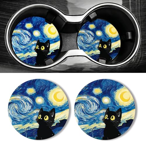 WOCOCN Car Coasters for Cup Holders - 2 Pack 2.75" Universal Rubber Car Cup Coaster, Non-Slip Waterproof Car Interior Accessories, Cute Car Decor Gifts for Women and Men (Blue Starry Sky Cat) - color: Blue Starry Sky Cat