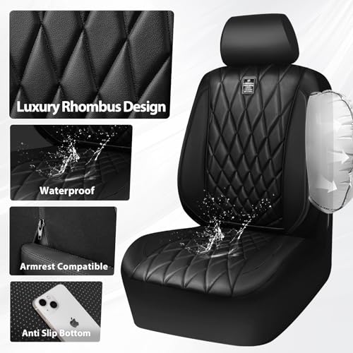 CAR PASS Piping Luxury Faux PU Leather Two Front Car Seat Covers, Waterproof Anti Slip Seat Covers Compatible with Front Seat Armrests,Universal Fit for Suvs,Vans,Trucks, Airbag Compatible(All Black) - color: All Black, size: Two Front