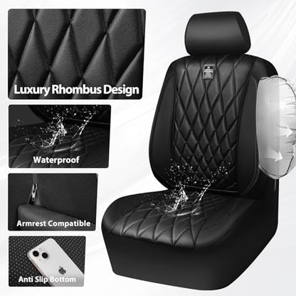 CAR PASS Piping Luxury Faux PU Leather Two Front Car Seat Covers, Waterproof Anti Slip Seat Covers Compatible with Front Seat Armrests,Universal Fit for Suvs,Vans,Trucks, Airbag Compatible(All Black) - color: All Black, size: Two Front