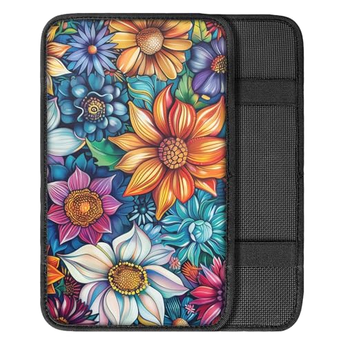 Bright Blossom Print Arm Rest Cover for Car,Auto Center Console Cover for Women,Soft and Non-Slip Car Armrest Cover Pad - color: Bright Blossom