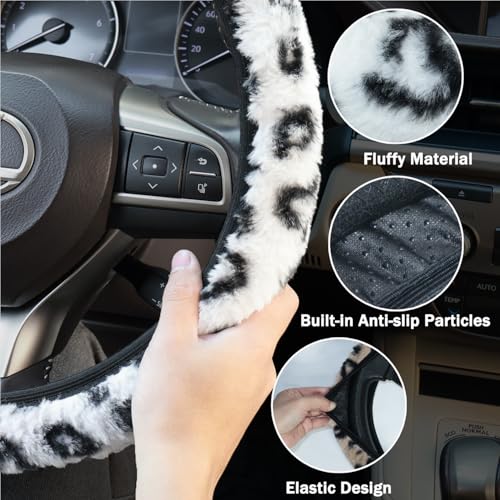 Leopard Steering Wheel Cover with Keychain, Elastic Fuzzy Fur Cheetah Car Steering Wheel Protector Women Girl Car Accessories Universal Fit 15 inch Fit Auto, Suvs, Truck- Pink