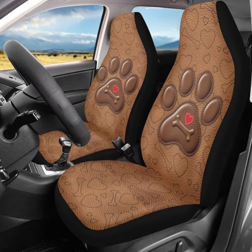 Dreaweet Dog Paw Car Seat Covers Brown 2 Piece Universal Washable Car Seat Cover Front Seats Only Cute Car Accessories Interior Easy to Install - color: Dog Paw Brown