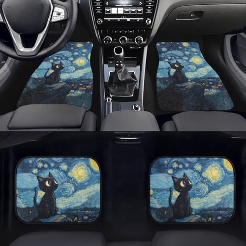 Starry Cat Print Rubber Mats for Car 4 Pcs Auto Front/Back Floor Mats All Weather Car Floor Protection Fit for SUV Vans Sedans Trucks