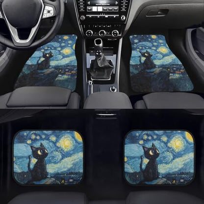 Starry Cat Print Rubber Mats for Car 4 Pcs Auto Front/Back Floor Mats All Weather Car Floor Protection Fit for SUV Vans Sedans Trucks