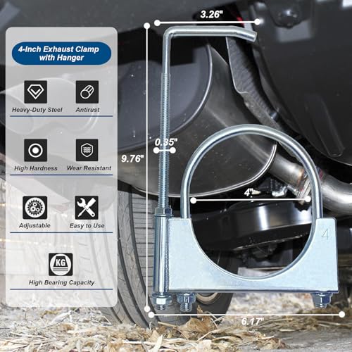 4" Heavy-Duty Universal Exhaust Clamp with Hanger, Exhaust Pipe Muffler Hanger for Cars, Trucks - size: 4"