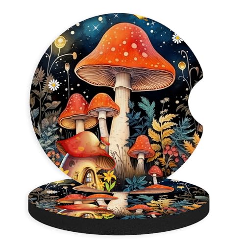 2pcs Cute Red Mushrooms Car Coasters,Absorbent Universal neoprener Cup Holder Coasters with a Finger Notch,Car Accessories for Women&Man Interior，2.75" 2 - color: Cute Mushrooms 2