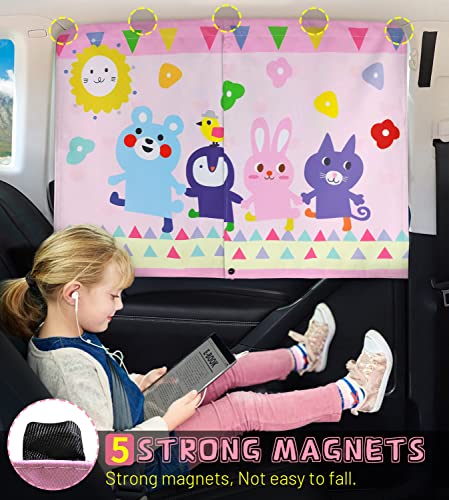 Car Window Shade for Baby, 2pcs Magnetic Auto Sun Shades for Side Windows Double Layer Full & Half Shade Options, Cute Patterns Car Window Curtains for Sun Glare Block - color: Pink and Yellow